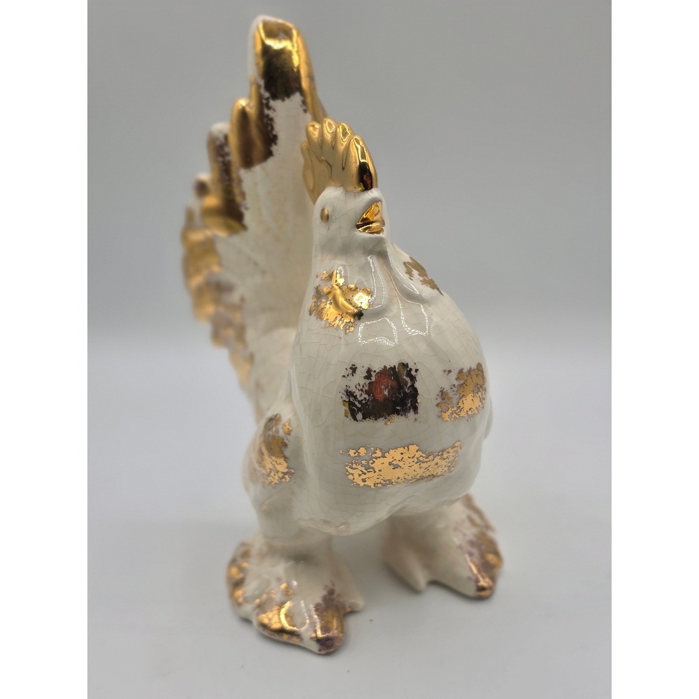 Vintage Gold Leaf Crackle Glaze Ceramic Rooster Figurine Mid Century Farmhouse